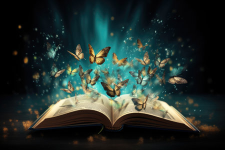 Open book and butterflies textured abstract backgroundの素材