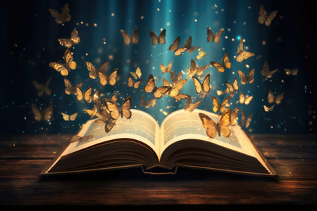 Open book and butterflies textured abstract backgroundの素材