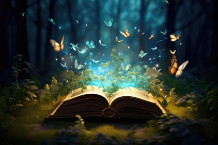 Open book and butterflies textured abstract backgroundの素材