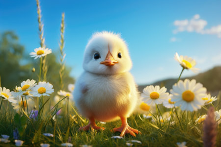 Five cute yellow chicks in colorful dandelion meadowの素材