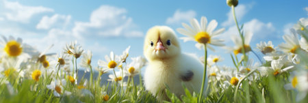 Five cute yellow chicks in colorful dandelion meadowの素材