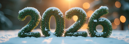 The number 2026 of gold color is decorated with Christmas tree branches, isolated on a white background. Frame. New Year. Copy space. Concept: design, logo, title, text, wordの写真素材