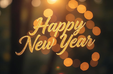Merry Christmas and Happy New Year greeting card on bokeh shiny golden background stock photo...