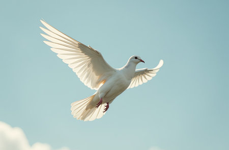 white dove flying on blue sky for freedom concept in clipping path,international day of peaceの写真素材