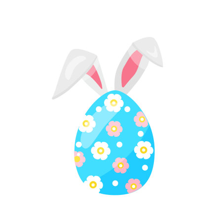 colorful Easter blue egg, with flowers, with bunny ears. hand drawn. vectorのイラスト素材