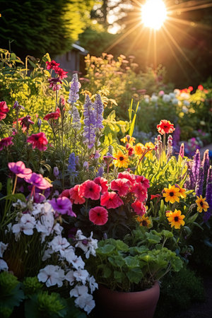 garden background, colorful flowers blooming in spring, beautiful flower garden view.の素材