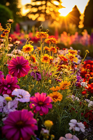 garden background, colorful flowers blooming in spring, beautiful flower garden view.の素材