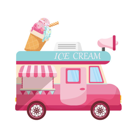 Pink ice cream bus in doodle style. Hand Drawn.のイラスト素材
