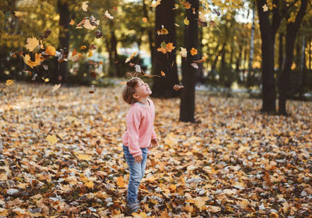 A child plays with leaves in autumnの写真素材