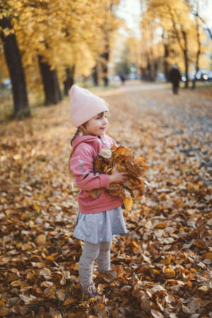 A child plays with leaves in autumnの写真素材