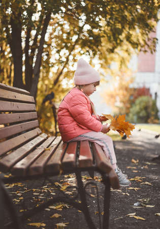 A child plays with leaves in autumnの写真素材