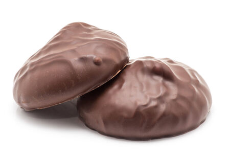 chocolate covered marshmallows on white backgroundの写真素材