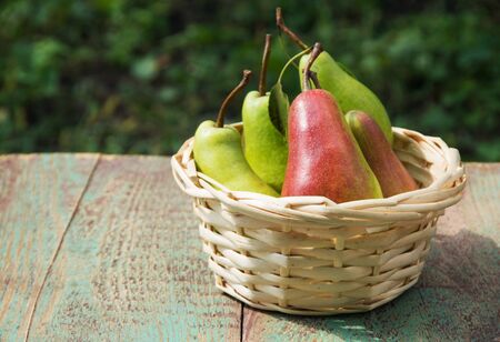 Wicker basket of ripe pearsの写真素材
