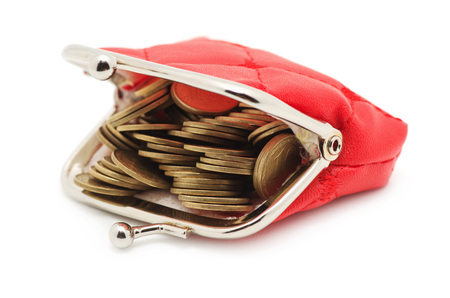 Purse and coins isolated on white backgroundの写真素材