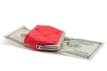 Red purse and money isolated on whiteの写真素材