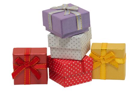 bright gifts with bows isolated on whiteの写真素材