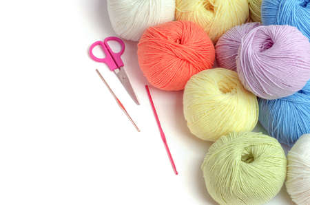 Colorful yarn balls isolated on whiteの写真素材