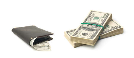 Purse with money on white backgroundの写真素材