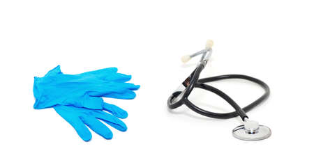 Rubber glove and stethoscope isolated on white backgroundの写真素材