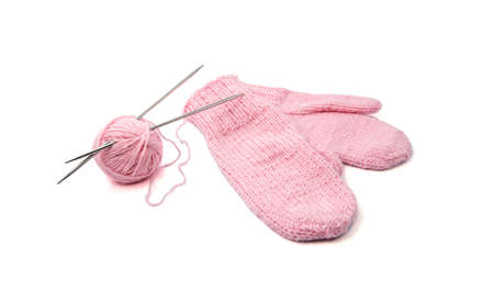 Pink mittens isolated on white backgroundの写真素材