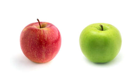 red apple and green apple on a white backgroundの写真素材
