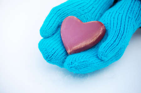 Female hands in mittens with heart, close-upの写真素材