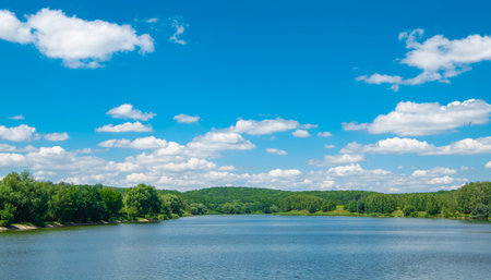 landscape with river and blue skyの写真素材
