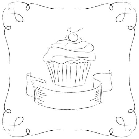 Black and white drawing of a cupcake.のイラスト素材