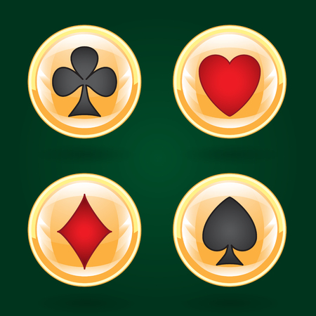 Card suit peak, diamond, cross, hearts on gold chips on a dark green background, vector のイラスト素材