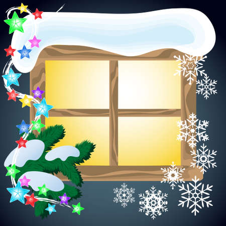 Winter window with glowing garland and snowflakes のイラスト素材