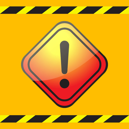 Warning exclamation mark on a square plate on a yellow background with warning tapes.のイラスト素材