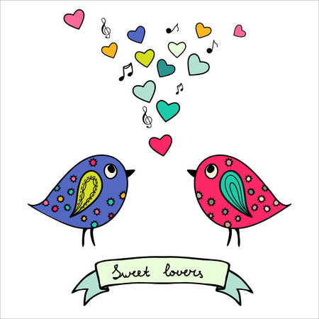 Two colorful birds, hand-drawn with hearts and notesのイラスト素材