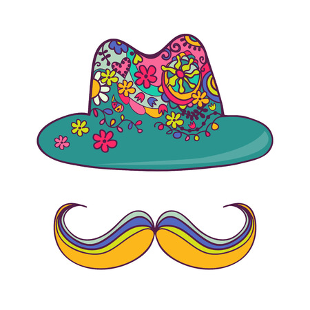 Colorful hat and mustache isolated on white  Drawing by hand のイラスト素材