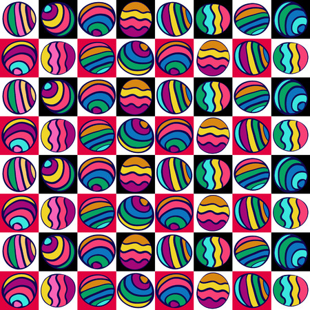 Seamless pattern of colorful circles on the colored squares, hand-drawn  Summer background のイラスト素材
