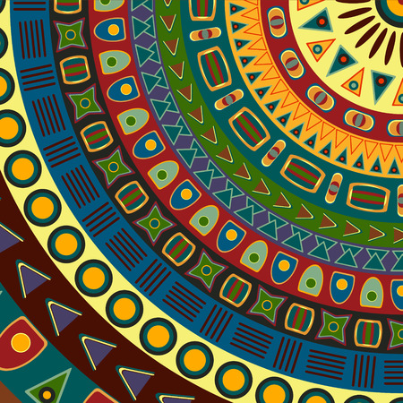 Background of quartered circle consisting of small simple graphic shapes of different colors. Summer background in ethnic style. Vector illustration.のイラスト素材