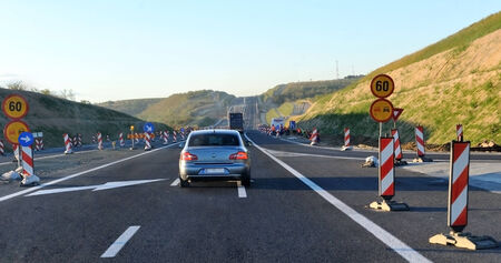 road signs and markings at the end of the new renovationsの写真素材