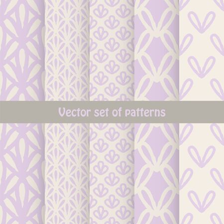 Vintage delicate different vector seamless patterns. Set of monochrome geometric ornament. Shabby pastel colors.のイラスト素材
