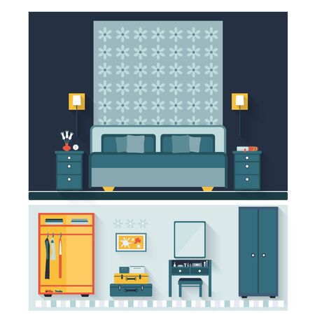 Bedroom with furniture and woman boudoir with table, mirror and chair.Flat Style with Long Shadows. Vector Illustration.のイラスト素材