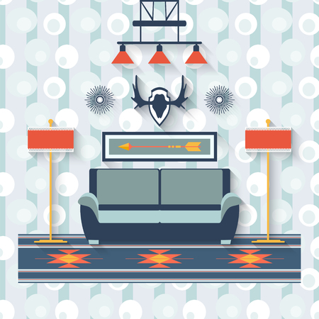 Living room  with furniture and long shadows. Tribal interior. Flat style vector illustration.のイラスト素材