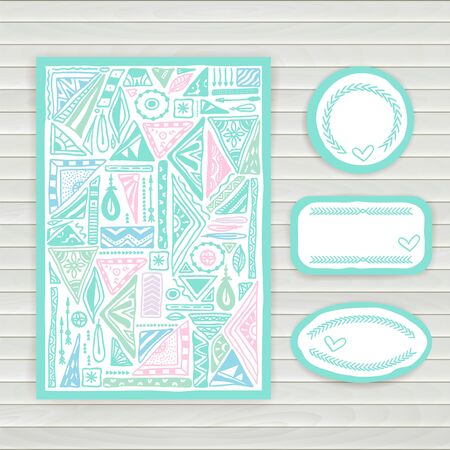 Stickers with tribal pattern. Vector template design element .Card in ethnic style .のイラスト素材
