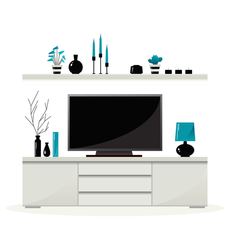 Living room furniture. Shelf with decorations above the curbstone with TV. Vector .のイラスト素材