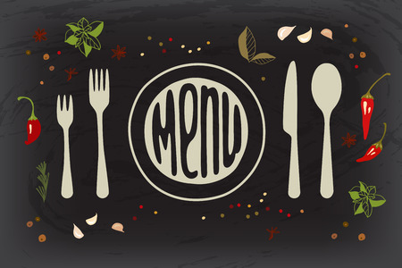 Spices on dark  board with lettering menu . Vector illustration .のイラスト素材