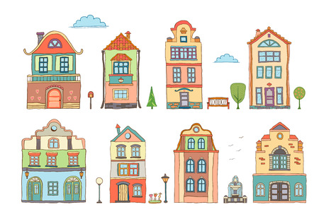 Set of colored scandinavian  houses . Vector doodlesのイラスト素材