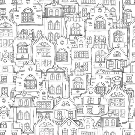 Seamless black contour pattern with houses . Vector doodlesのイラスト素材