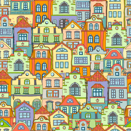 Seamless pattern with doodles colored scandinavian houses . Vector colored background .のイラスト素材