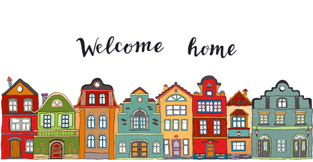 Row of multicolored doodle small town houses with  inscription welcome home . Vectorのイラスト素材
