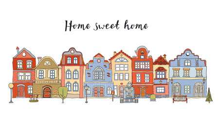 Row of multicolored doodle small town houses with  inscription Home sweet home . Vectorのイラスト素材