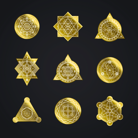 Sacred golden shapes on black background . Vector .のイラスト素材