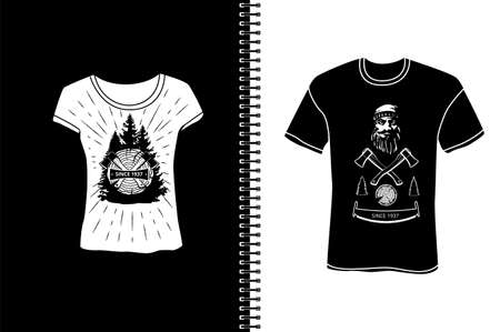 Mens and womens t-shirts with elements of a lumberjack and sawmill . Vector background .の写真素材