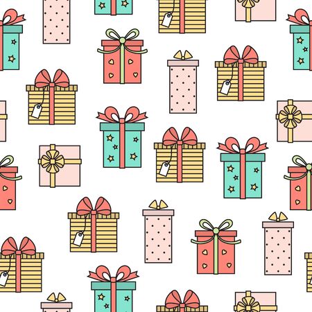 Seamless pattern with cute gifts . Vector line art background .のイラスト素材
